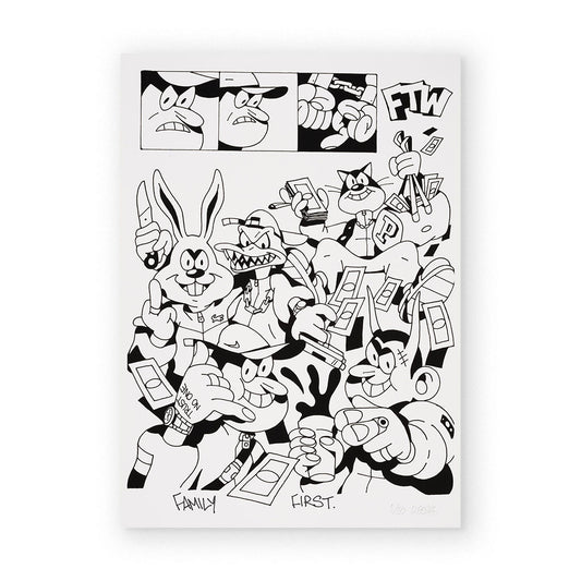Lugosis 'Family First': Screen print, cartoon art.