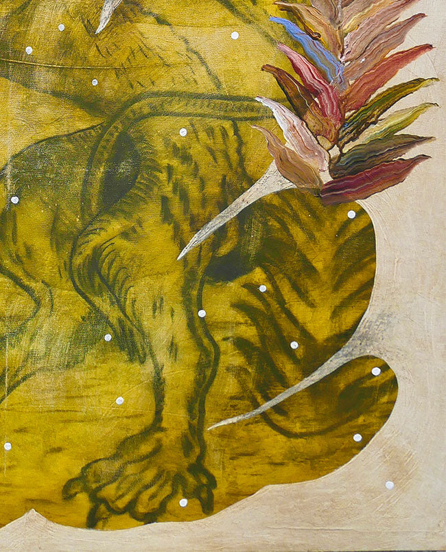 Mixed media on canvas: Anthropomorphic figures, vivid.