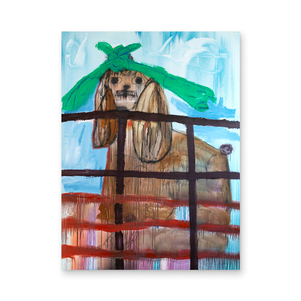 Cane con fiocco chiuso dietro al cancello - Alfano - Mixed Media 