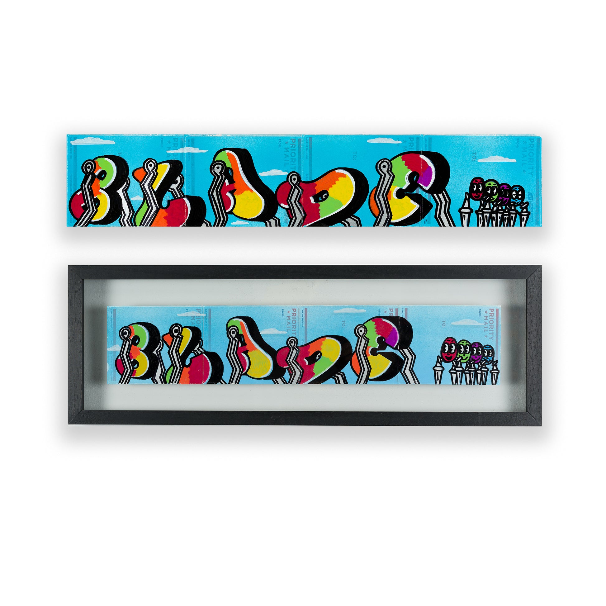 Swinging Letters - Blade - Mixed media on US Priority Mail stickers