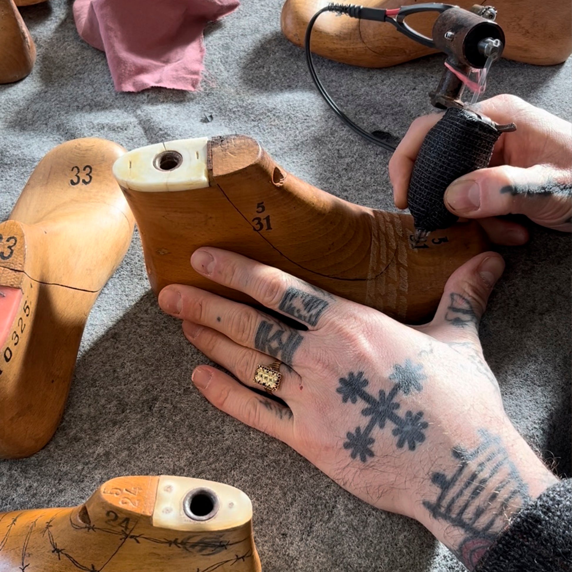 Michele Servadio's "A Step as Long as Your Leg": Engraved found object (wooden shoe lasts)t . Unique art at Galleria Varsi.